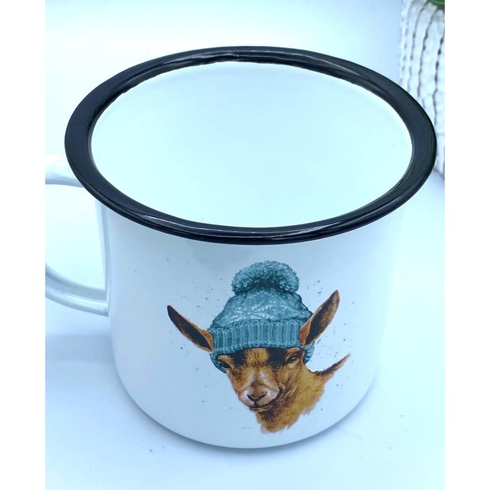 Red Shed Metal Cup Goat With Snow Hat Design